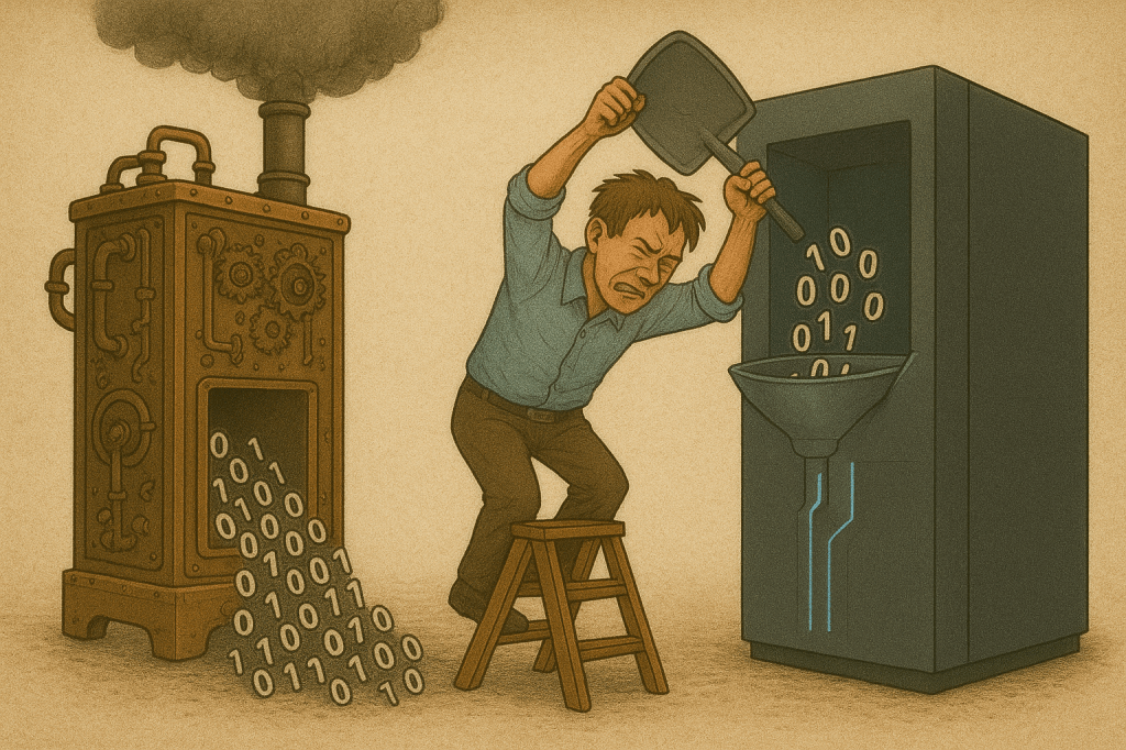 Man shoveling data out of an older steampunk computer and into a new supercomputer.